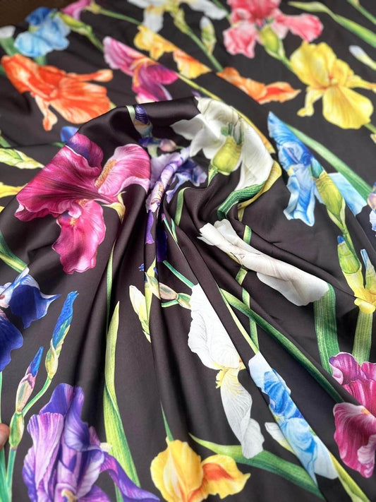 Multicolor Floral Pattern Fabric Big Flowers on Black Background – Fabric by Metre, Options: Satin, Crepe, Spandex, Chiffon
