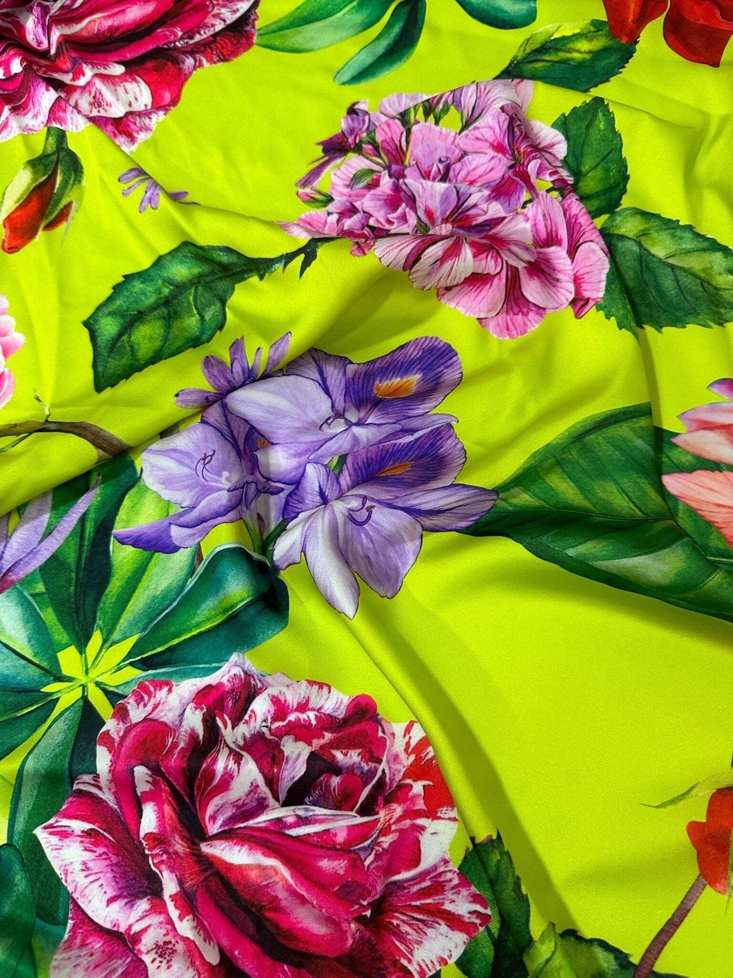 Floral Neon Green Fabric – Available in Satin, Crepe, Spandex & Chiffon | By Metre