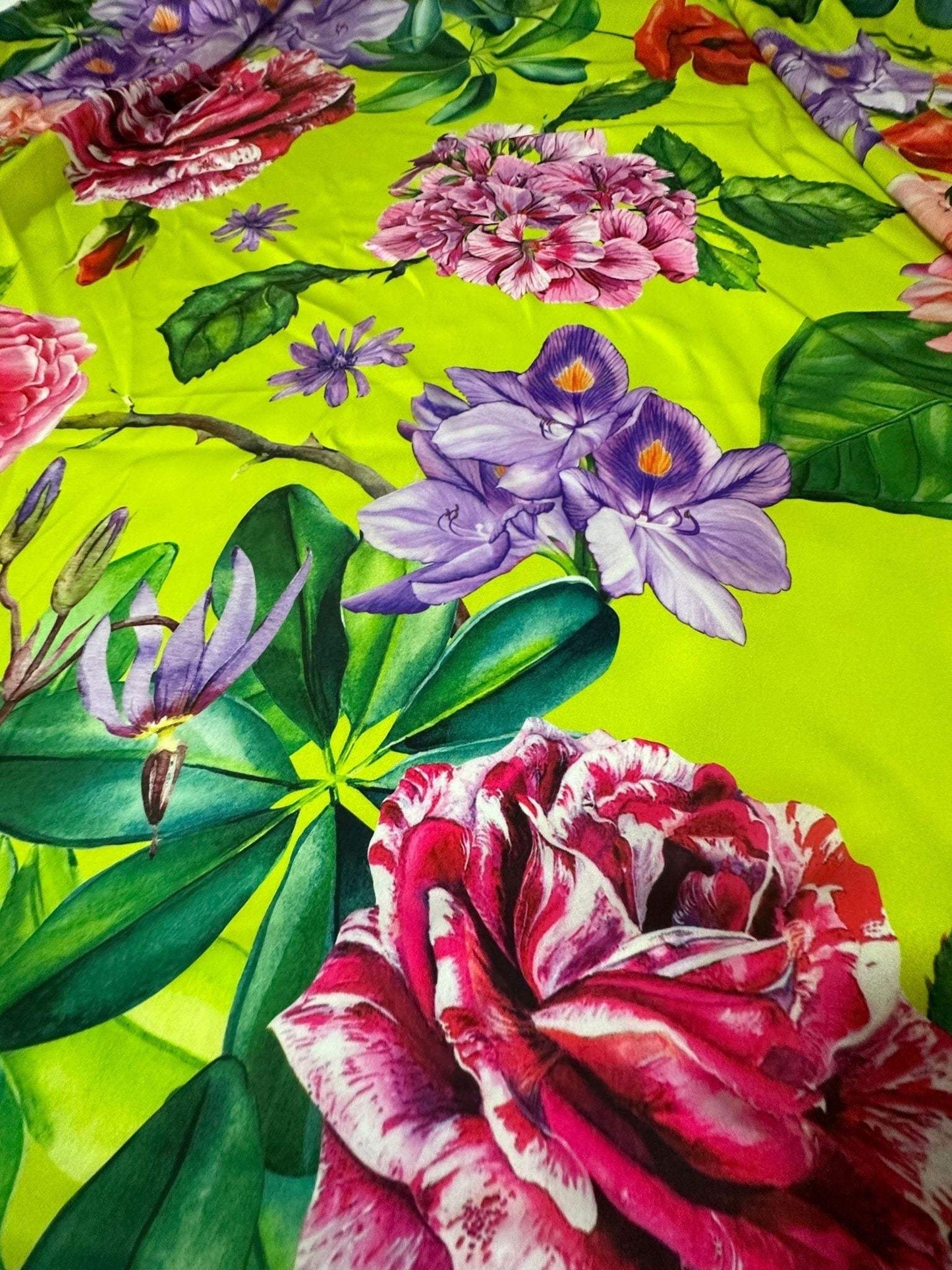 Floral Neon Green Fabric – Available in Satin, Crepe, Spandex & Chiffon | By Metre
