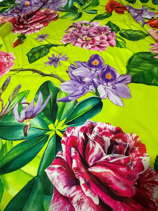Floral Neon Green Fabric – Available in Satin, Crepe, Spandex & Chiffon | By Metre