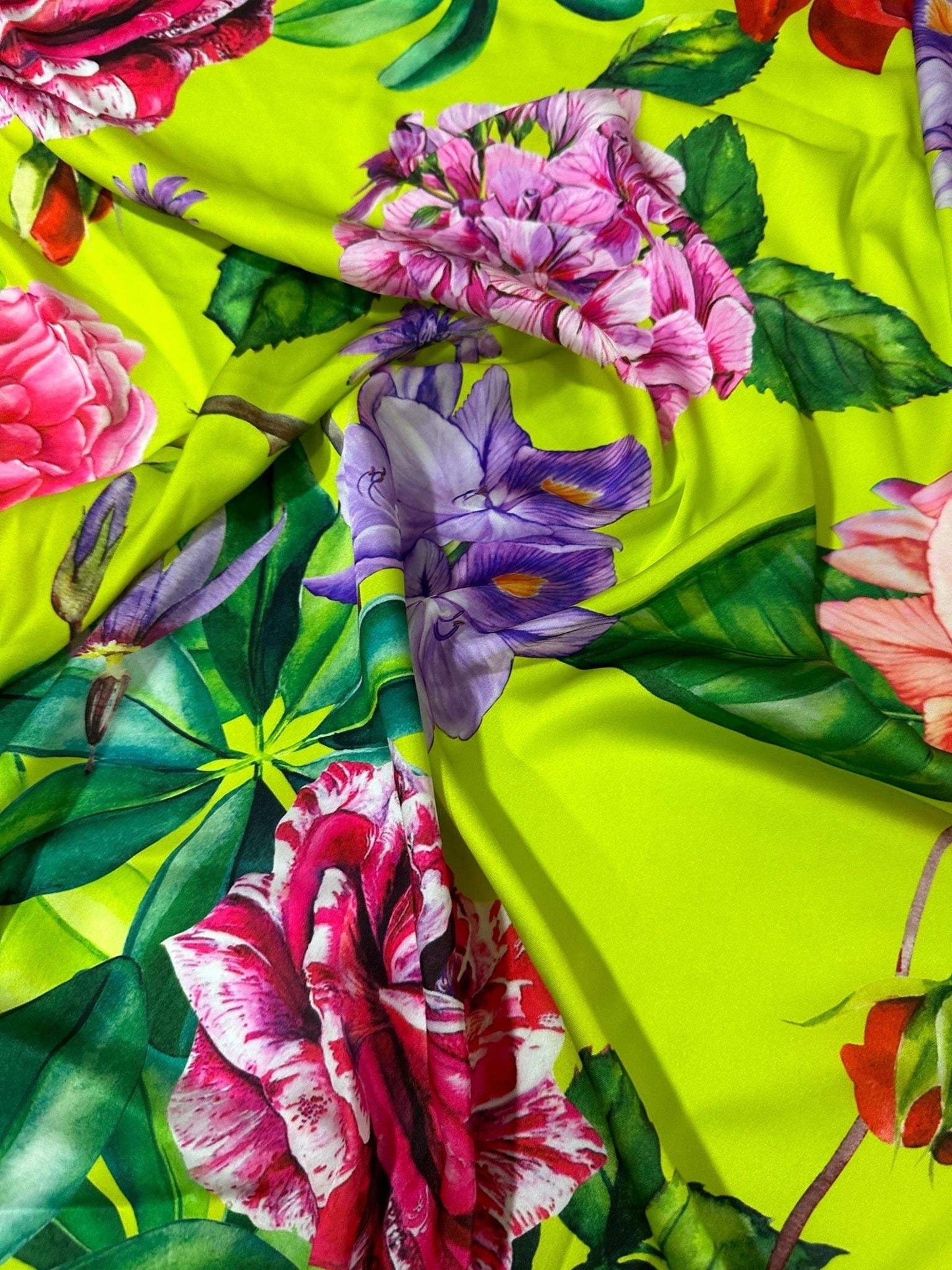 Floral Neon Green Fabric – Available in Satin, Crepe, Spandex & Chiffon | By Metre