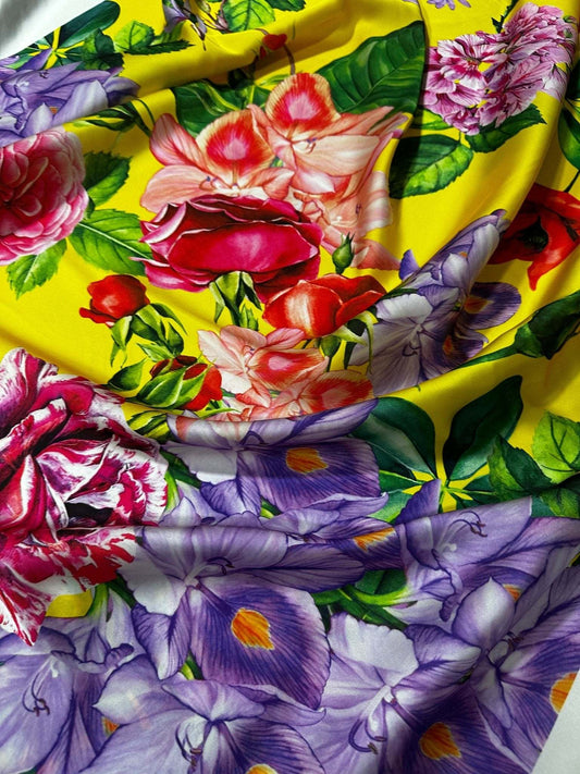 Bright Yellow Rose Floral Fabric – Custom Printed Fabric on Satin, Crepe, Spandex or Chiffon