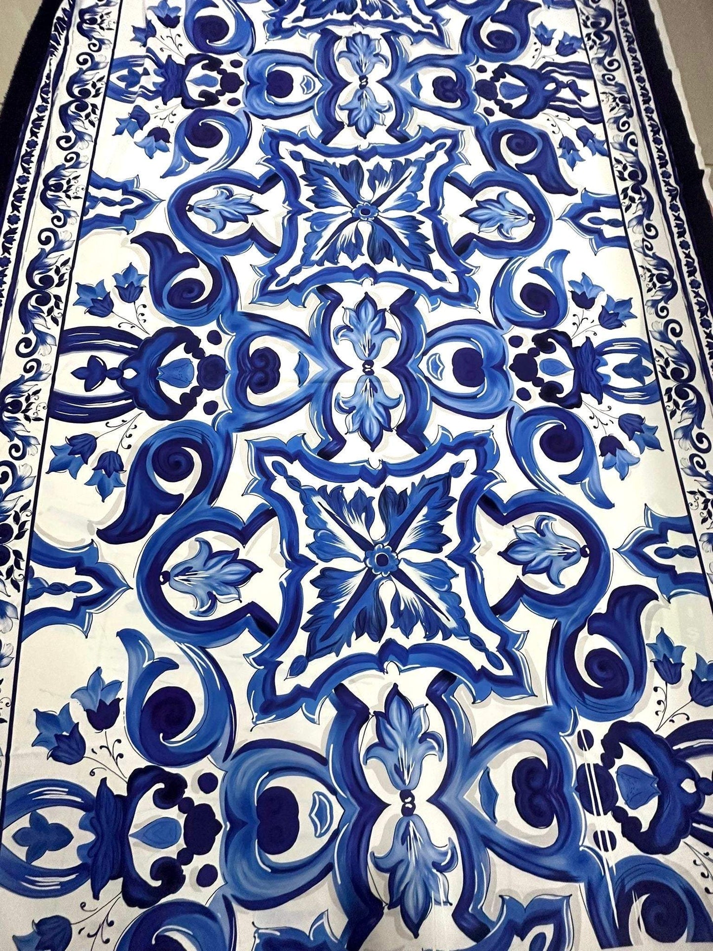 Blue Big Majolica Pattern Fabric – Multiple Fabric Options, Sold by Metre
