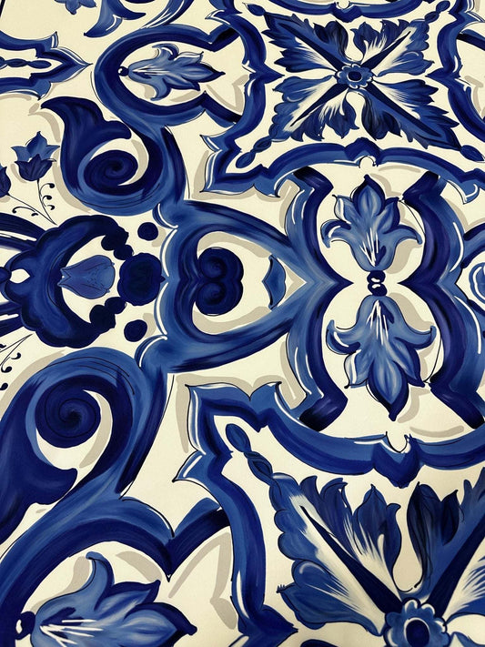 Blue Big Majolica Pattern Fabric – Multiple Fabric Options, Sold by Metre