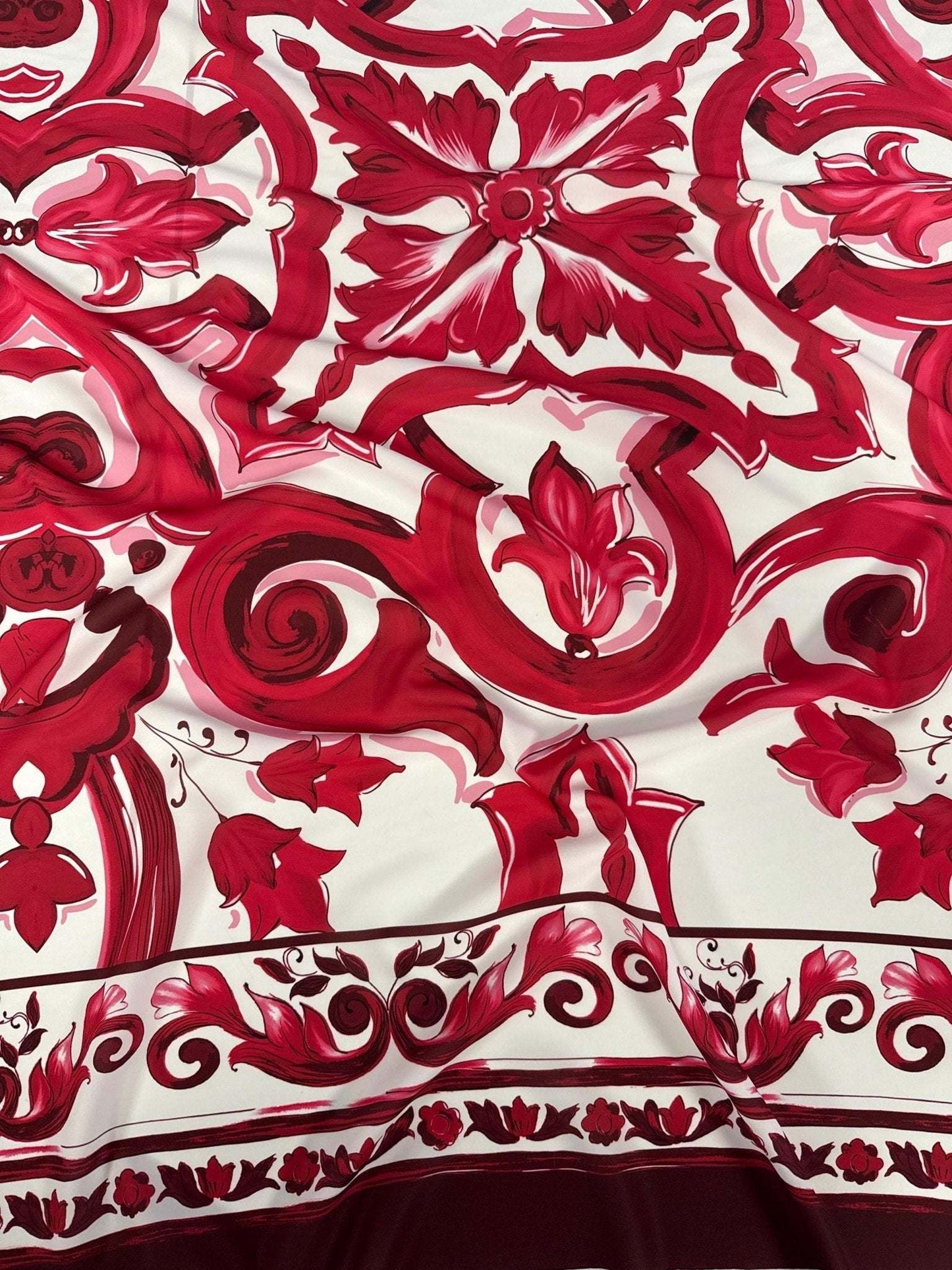 Red Big Majolica Pattern Fabric – Multiple Fabric Options, Sold by Metre
