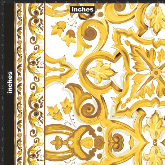 Yellow Big Majolica Pattern Fabric – Custom Printed Fabric on Satin, Crepe, Spandex or Chiffon
