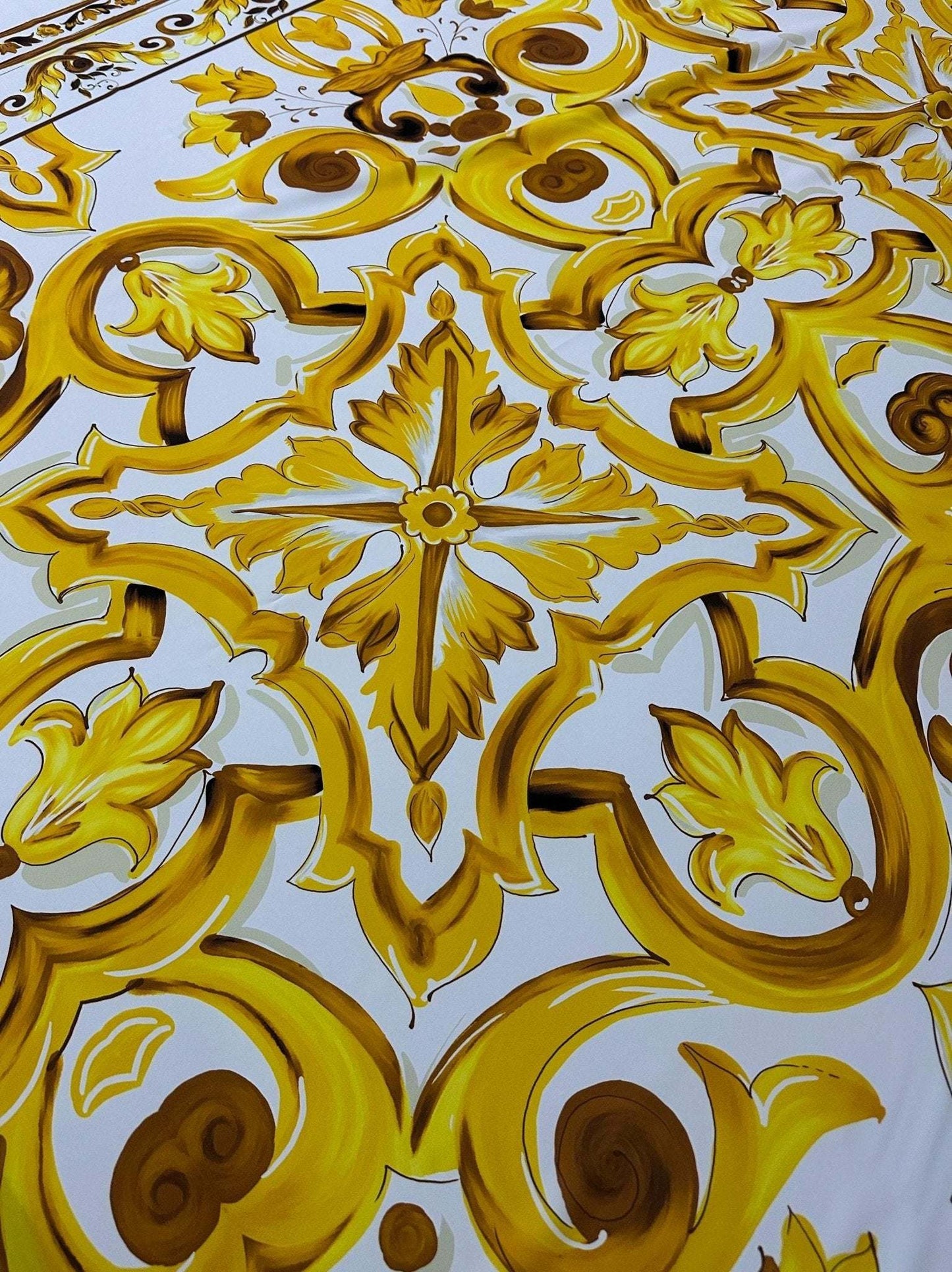 Yellow Big Majolica Pattern Fabric – Custom Printed Fabric on Satin, Crepe, Spandex or Chiffon