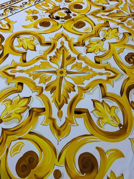 Yellow Big Majolica Pattern Fabric – Custom Printed Fabric on Satin, Crepe, Spandex or Chiffon