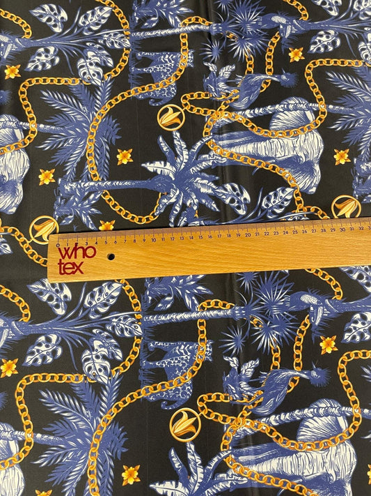 Black and Blue Tropical Fabric with Gold Chains – Fabric by Metre, Options: Satin, Crepe, Spandex, Chiffon