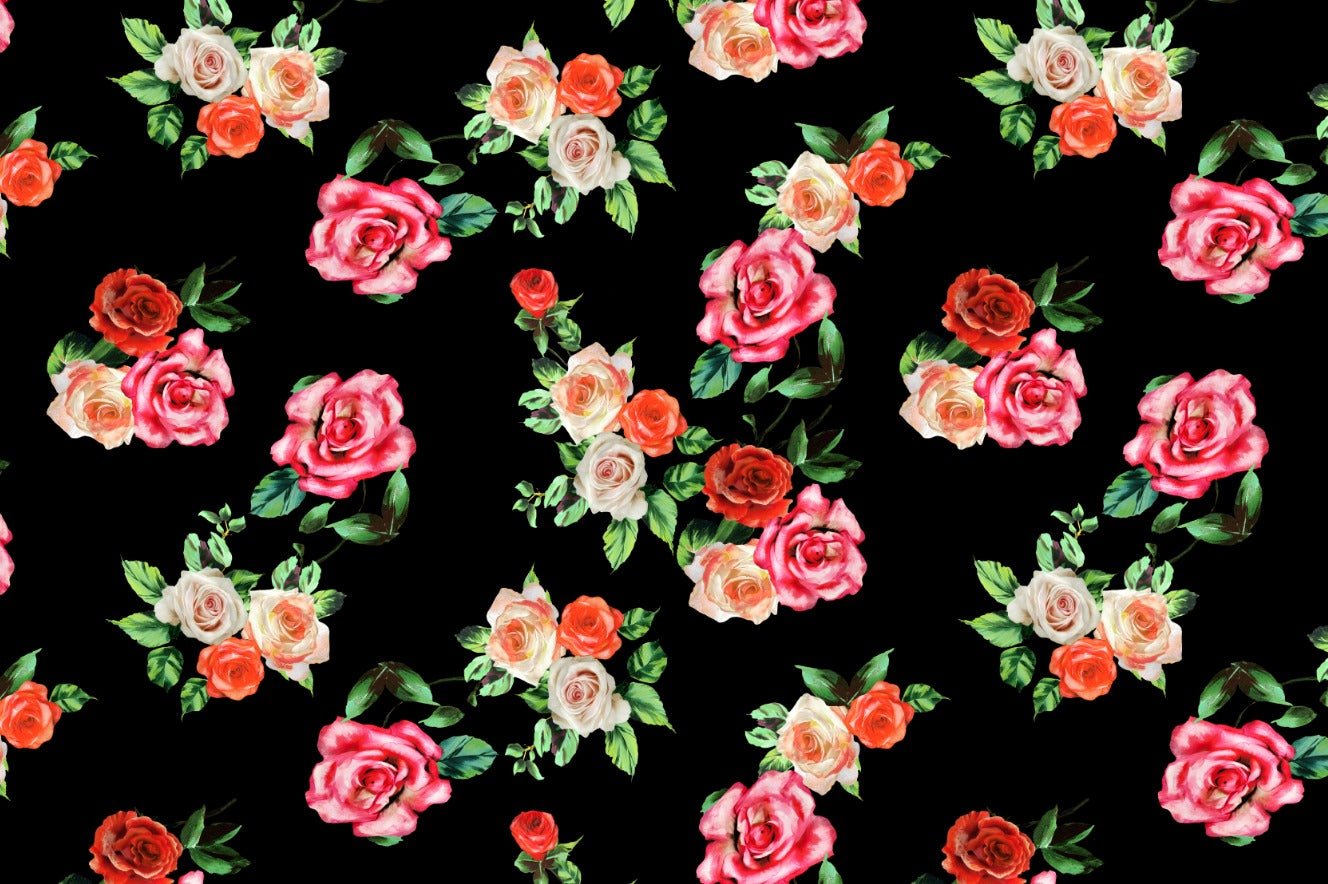 Black Background Rose Pattern Digital Print Fabric