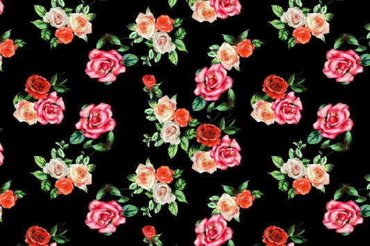 Black Background Rose Fabric – Available in Satin, Crepe, Spandex & Chiffon | By Metre