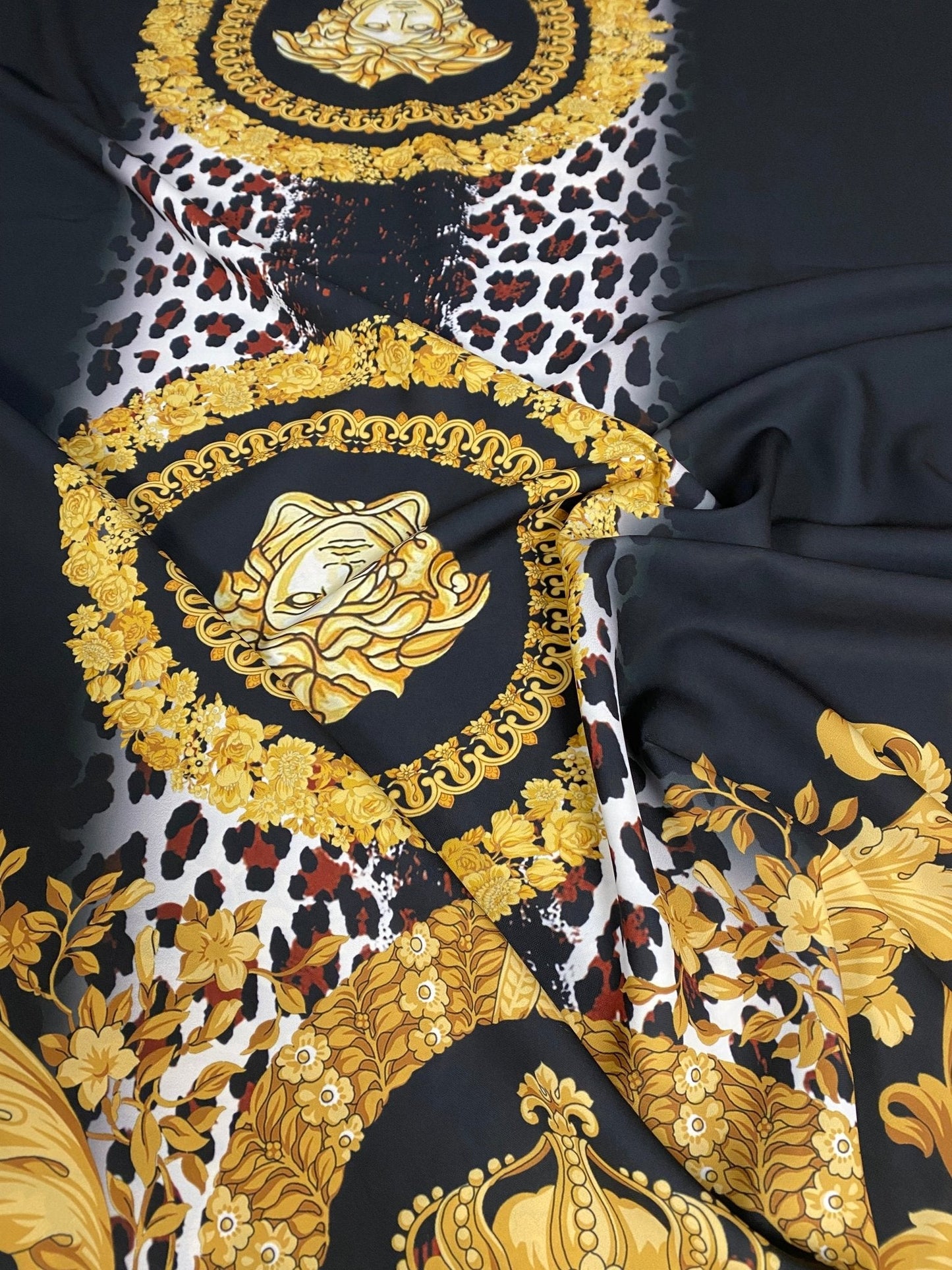 Black Baroque Gold Crepe Fabric by the Metre