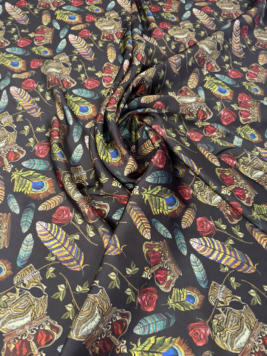 Black Satin Fabric by the Metre – Gothic Crown Roses Feathers