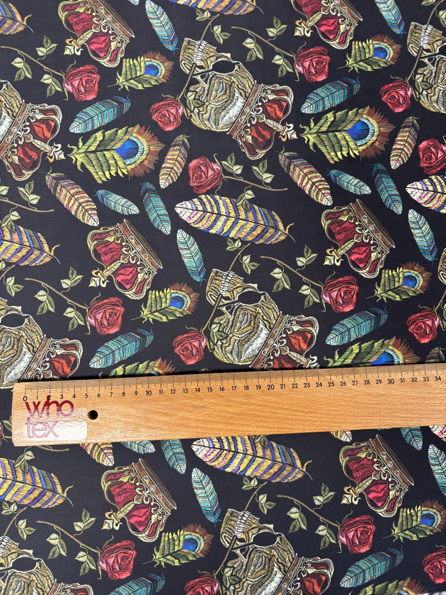 Black Satin Fabric by the Metre – Gothic Crown Roses Feathers