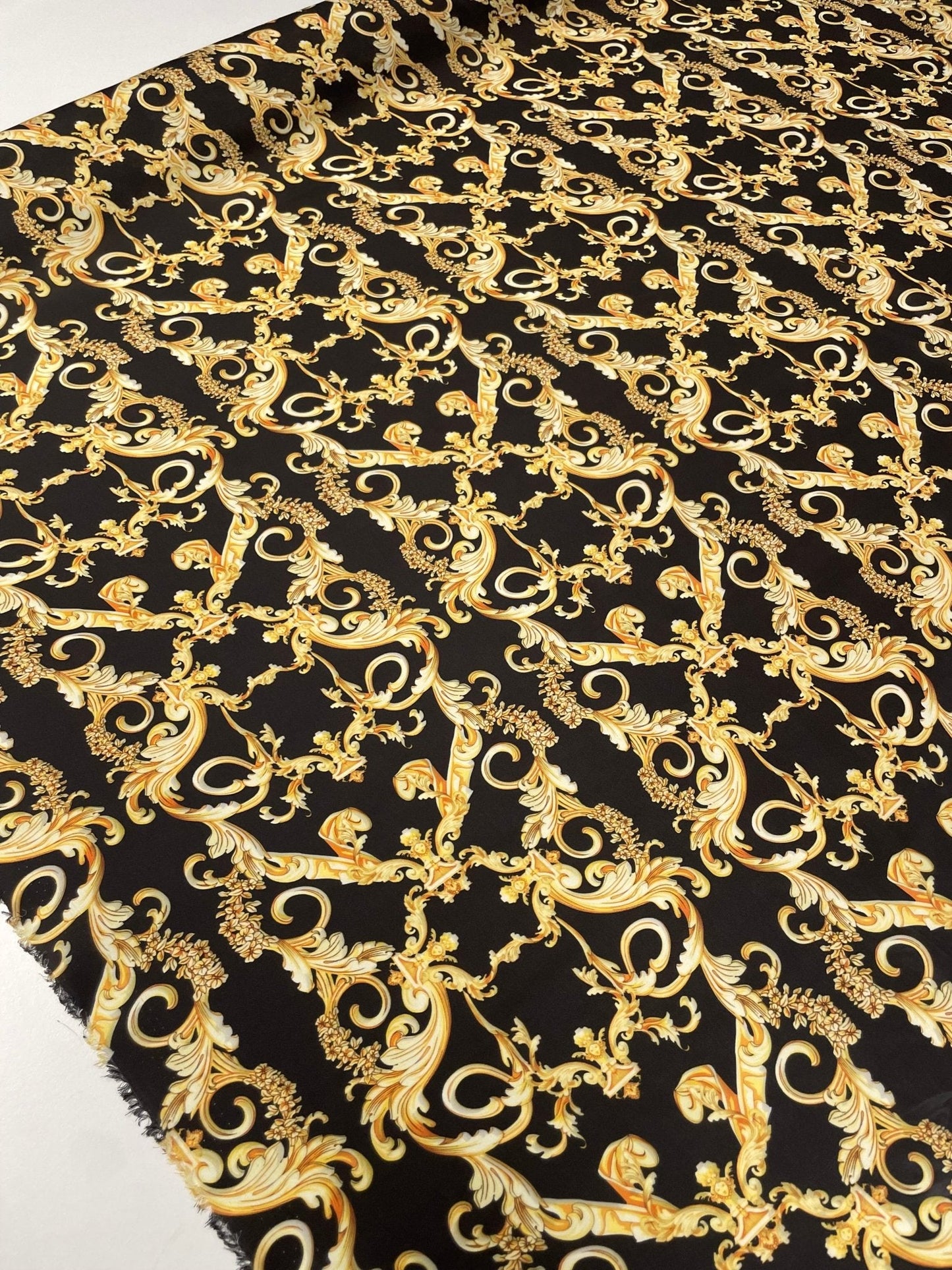 Black Satin Fabric with Gold Baroque Scroll Design