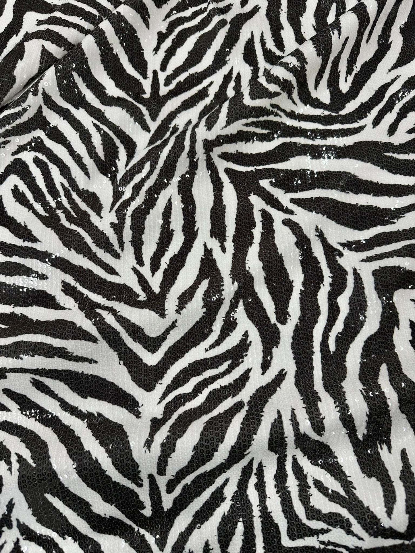 Black White Zebra Sequin Fabric, 2- Way Stretch Sequin Fabric By The Yard