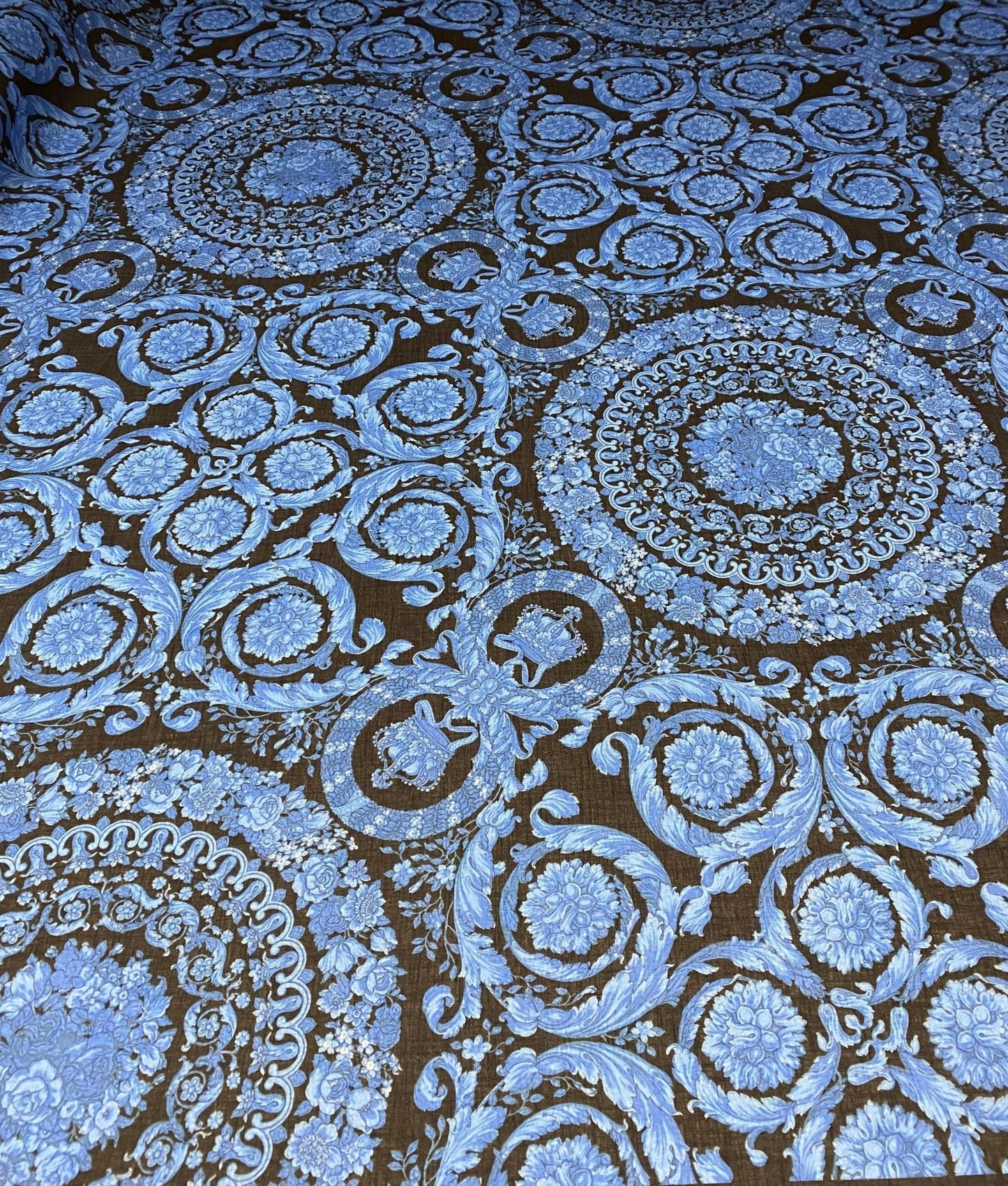 Blue Baroque Floral Linen Fabric by the Metre