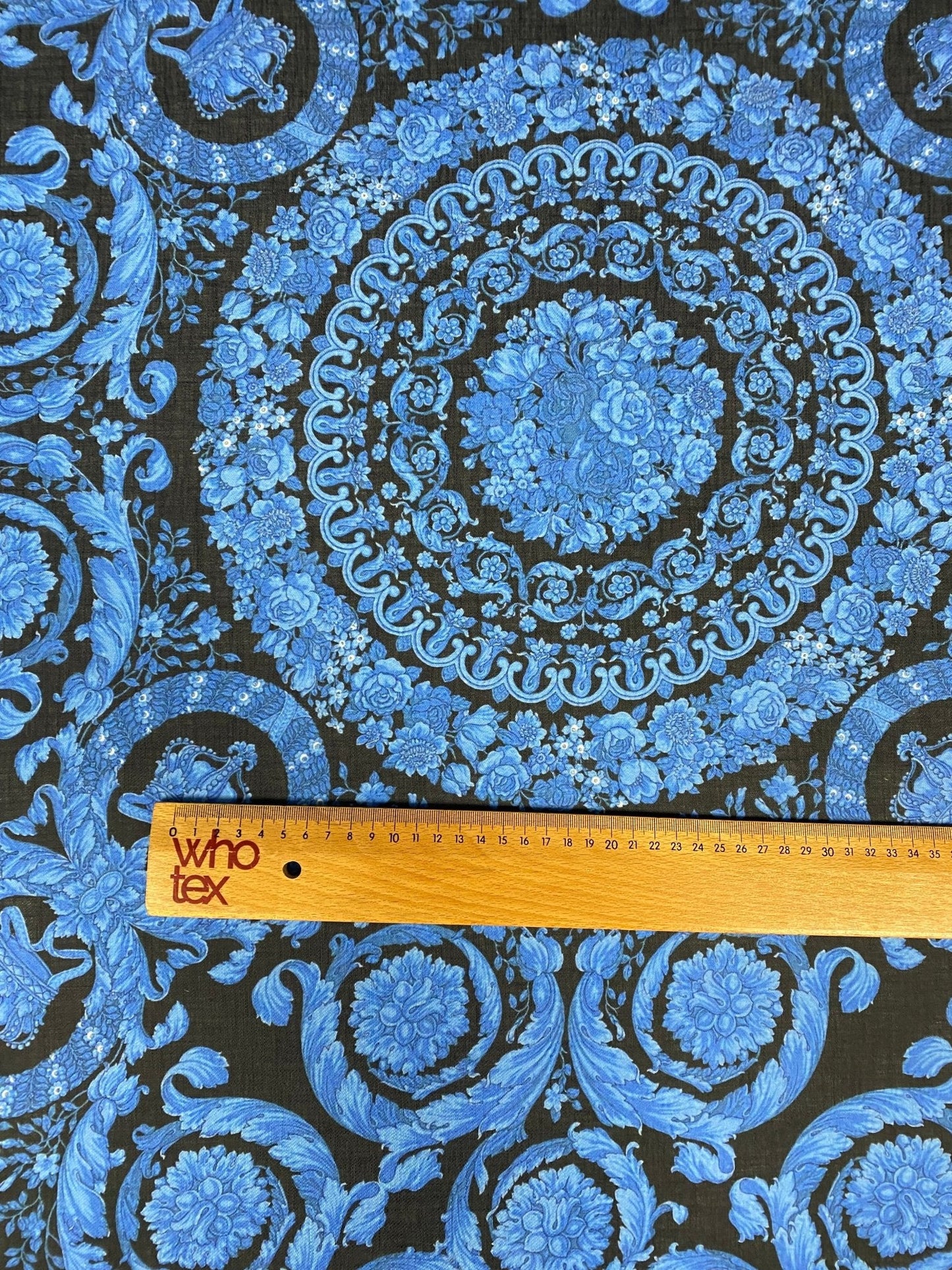 Blue Baroque Floral Linen Fabric by the Metre