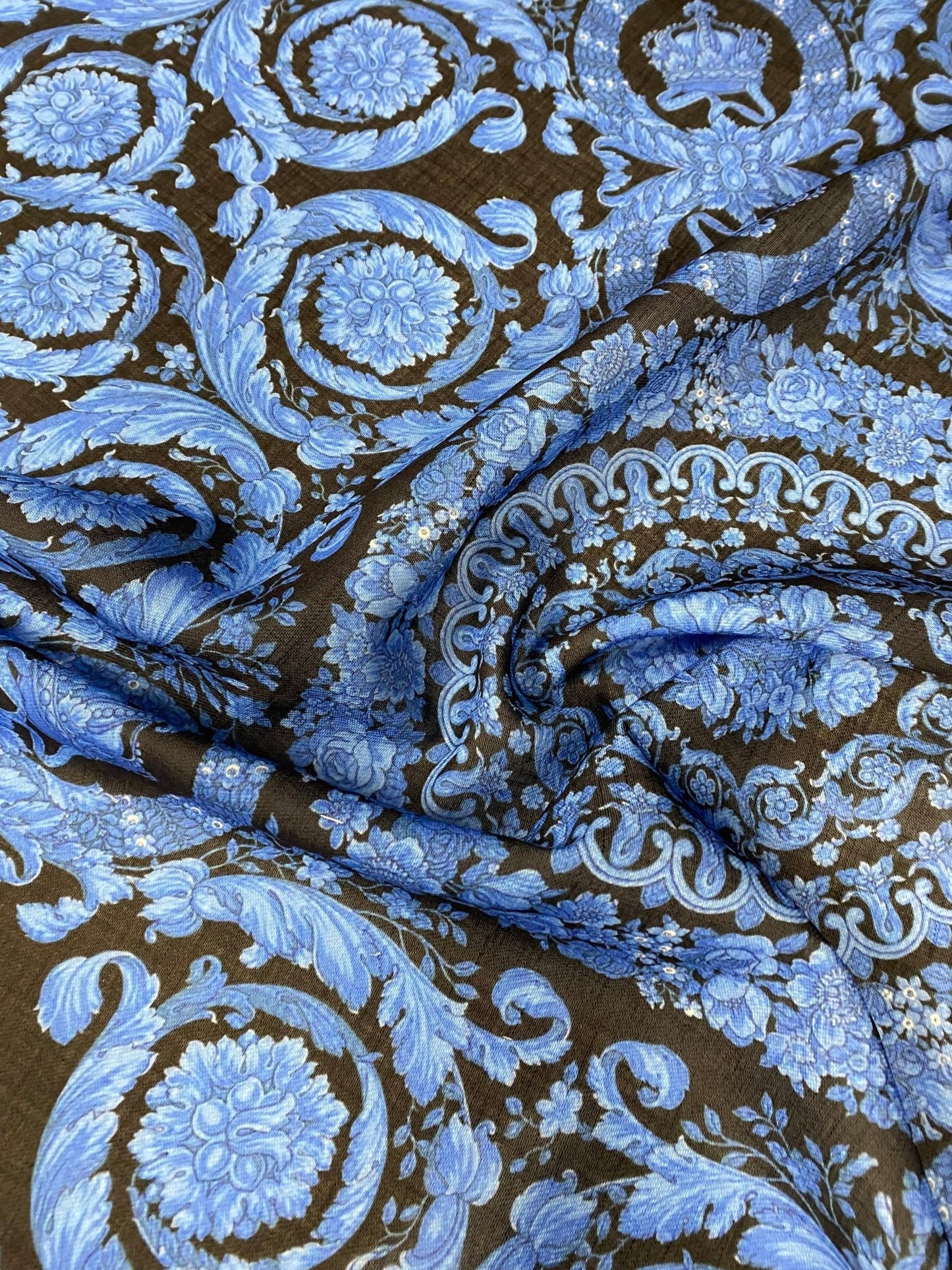 Blue Baroque Floral Linen Fabric by the Metre