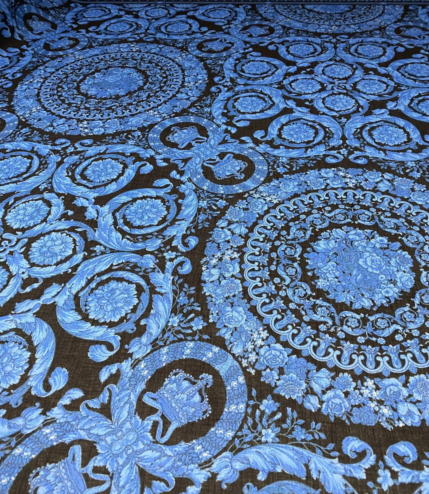 Blue Baroque Floral Linen Fabric by the Metre