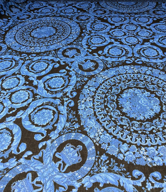 Blue Baroque Floral Linen Fabric by the Metre