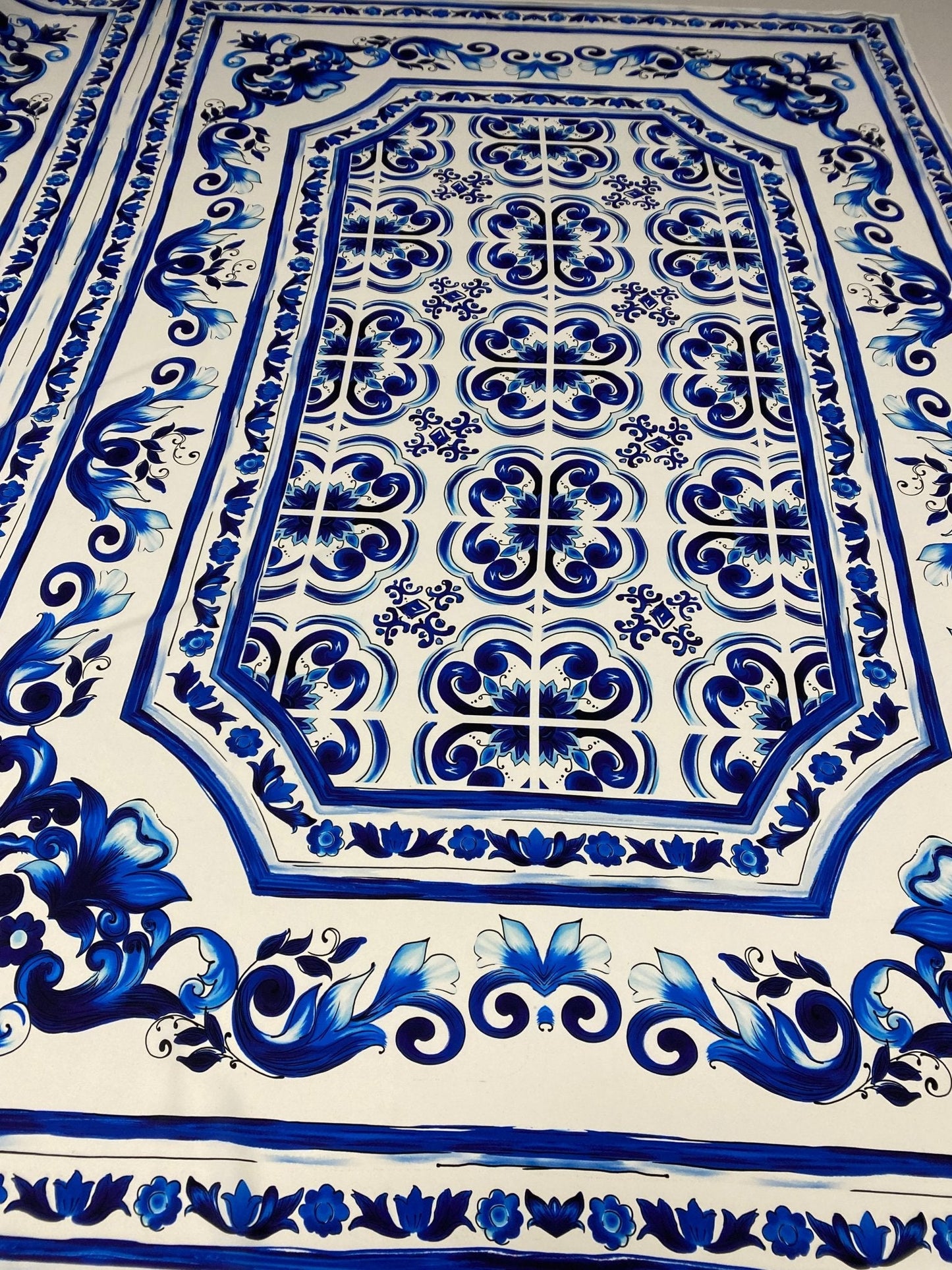 Blue Floral Tile Crepe Fabric by the Metre – White & Navy Classic