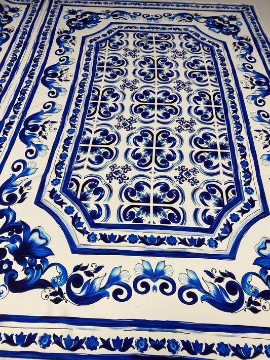 Blue Floral Tile Crepe Fabric by the Metre – White & Navy Classic