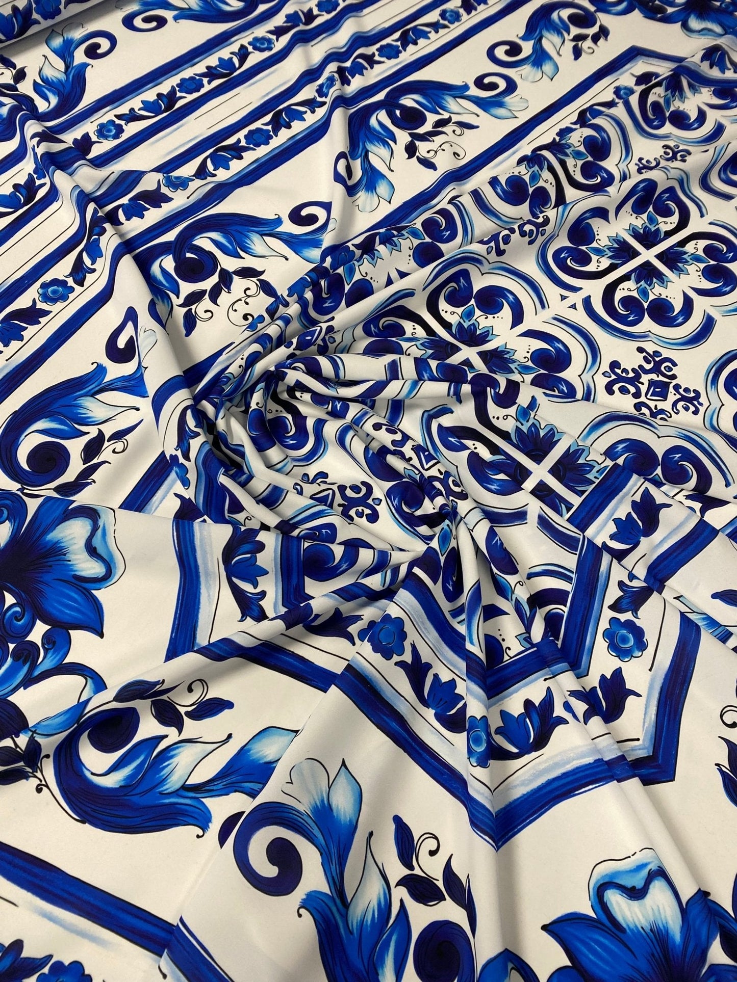 Blue Floral Tile Crepe Fabric by the Metre – White & Navy Classic