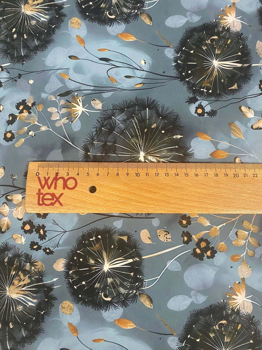 Blue Grey Dandelion Print Fabric – Available in Satin, Crepe, Spandex & Chiffon | By Metre
