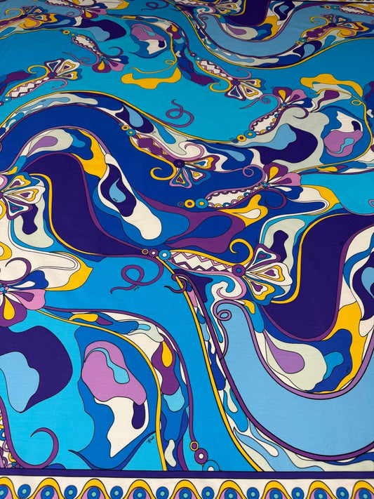 Blue & Mustard Psychedelic Swirl Organic Cotton Poplin Fabric by the Metre