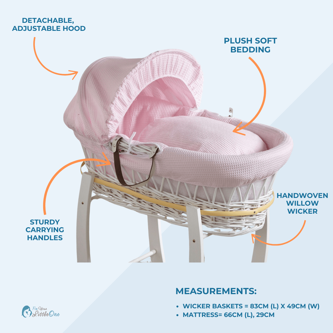 Pink Waffle Grey Wicker Baby Moses Basket With Stand