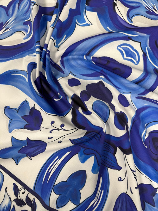 Blue & White Majolica Tile Organic Cotton Poplin Fabric by the Metre