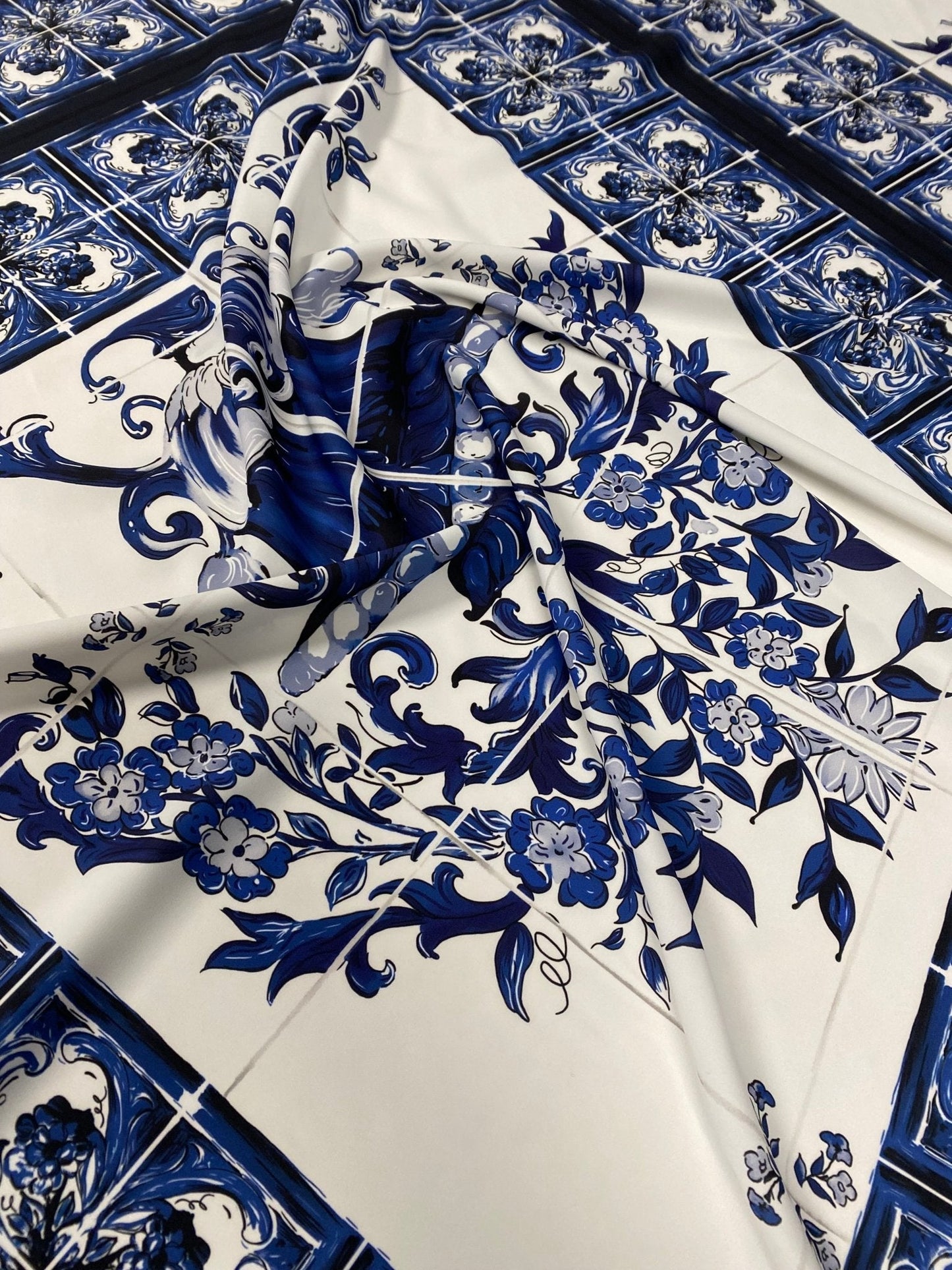 Blue & White Tile Print Crepe Fabric by the Metre – Classic Floral