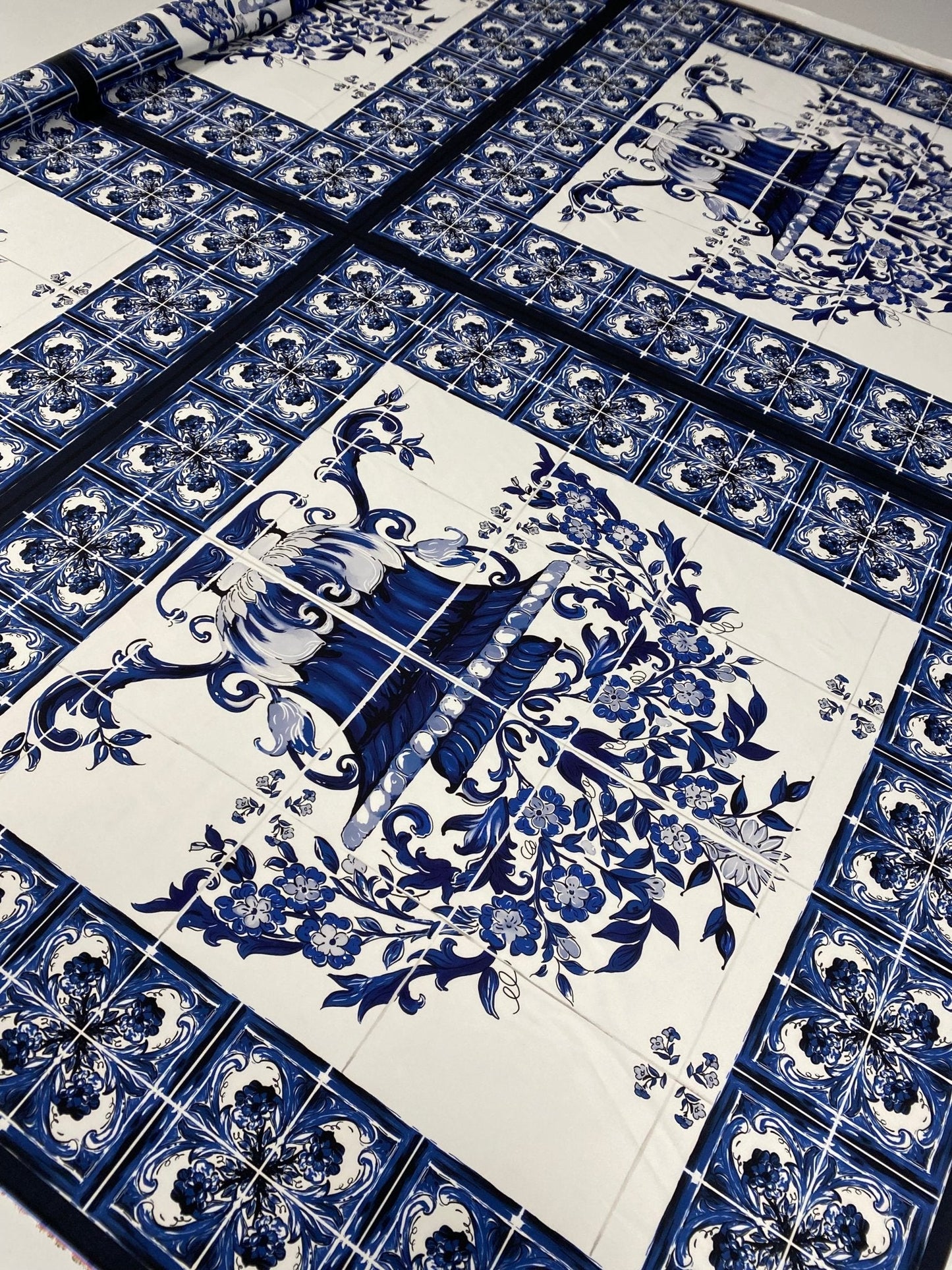 Blue & White Tile Print Crepe Fabric by the Metre – Classic Floral