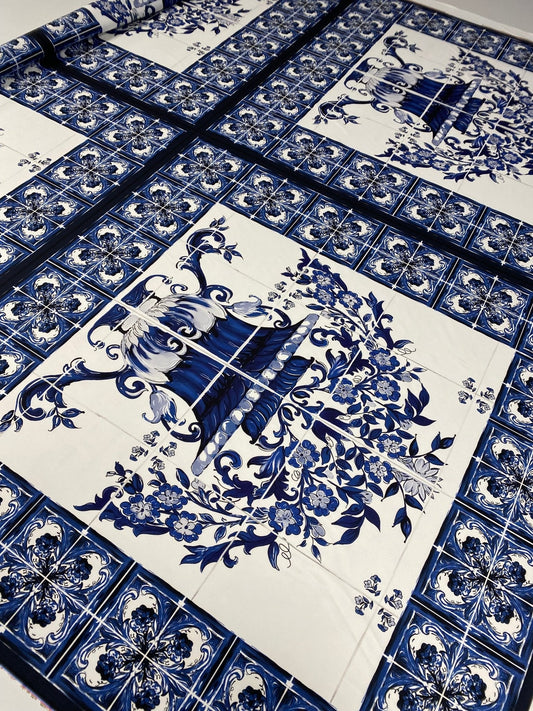 Blue & White Tile Print Crepe Fabric by the Metre – Classic Floral