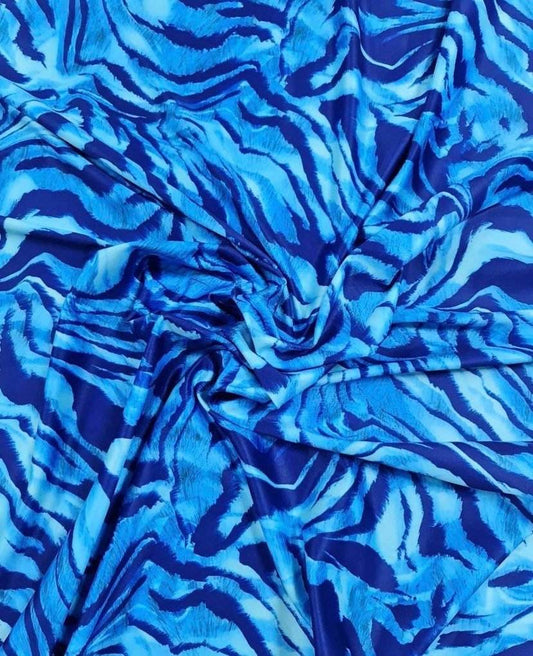 Blue Zebra Print Fabric – Available in Satin, Crepe, Spandex & Chiffon | By Metre
