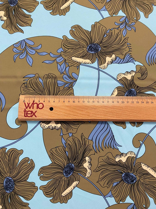 Brown Floral Print Fabric on Light Blue Background – Fabric by Metre, Options: Satin, Crepe, Spandex, Chiffon