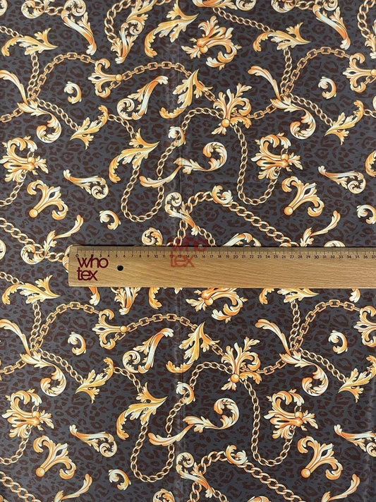 Brown Leopard Print Fabric with Gold Baroque Chains – Fabric by Metre, Options: Satin, Crepe, Spandex, Chiffon