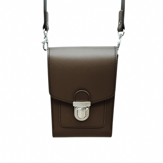 Leather Push Lock Crossbody Phone Case - Dark Brown