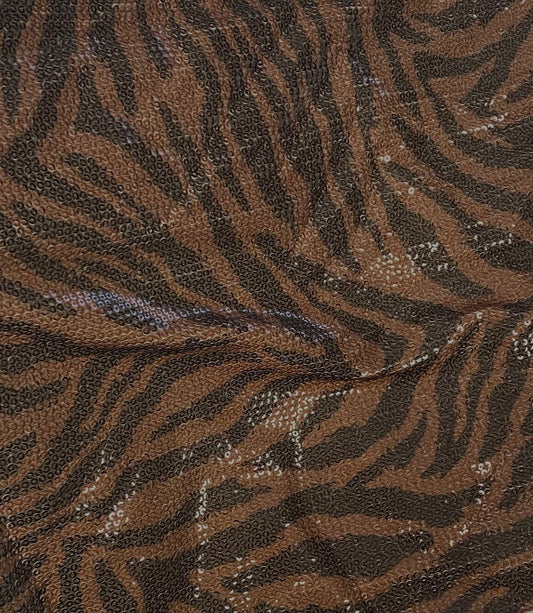 Brown Tiger Sequin Fabric – Shiny Animal Print Stretch Material by Metre