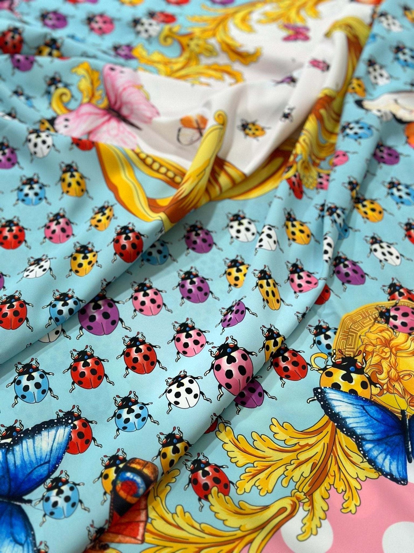 Colorful Butterfly and Ladybug Pattern Fabric – Custom Printed Fabric on Satin, Crepe, Spandex or Chiffon