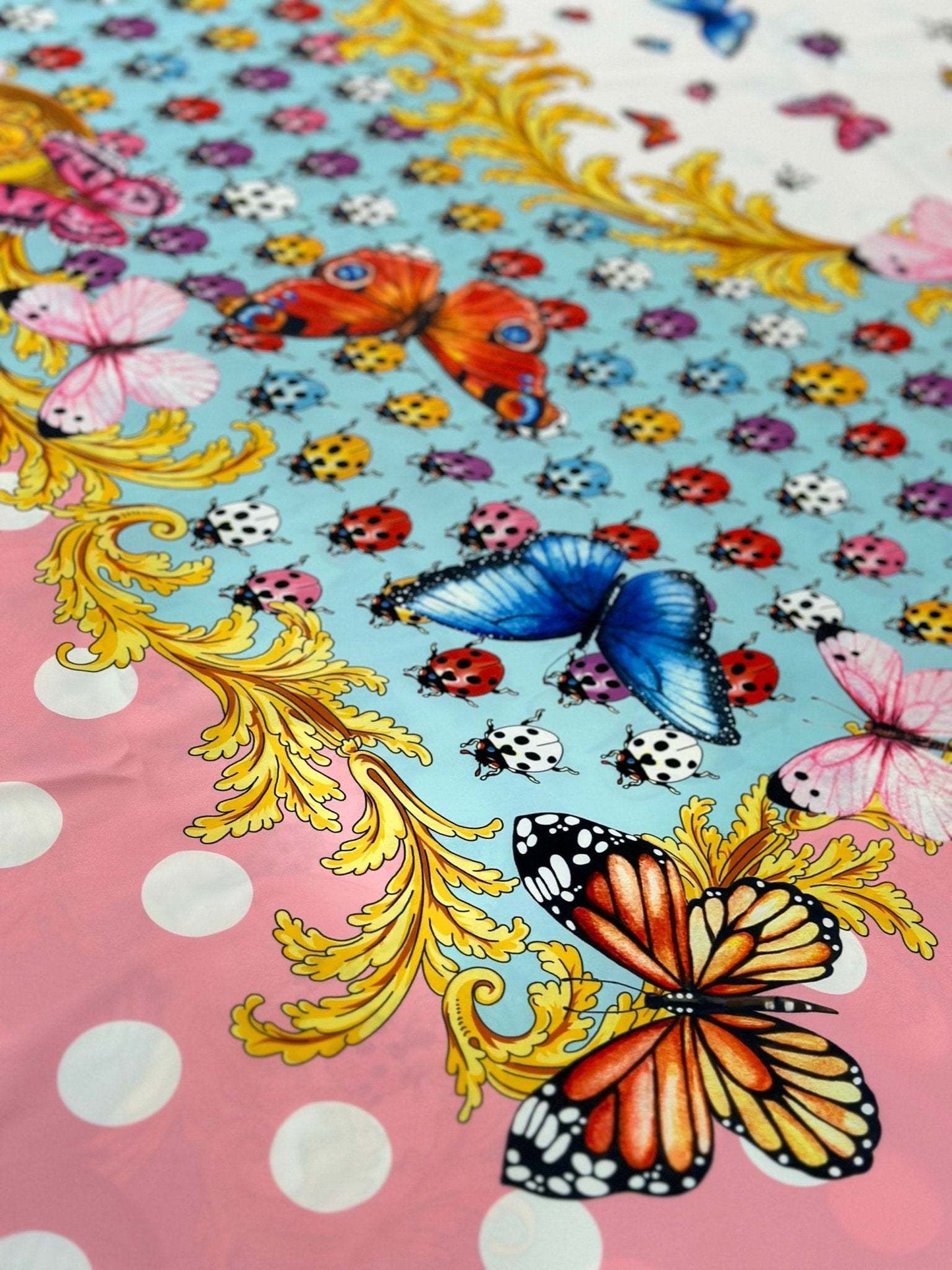 Colorful Butterfly and Ladybug Pattern Fabric – Custom Printed Fabric on Satin, Crepe, Spandex or Chiffon