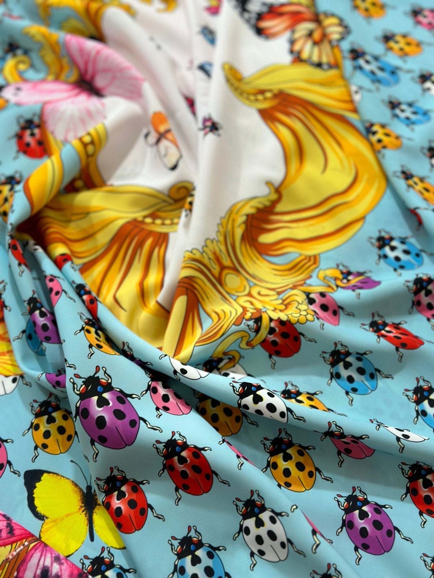 Colorful Butterfly and Ladybug Pattern Fabric – Custom Printed Fabric on Satin, Crepe, Spandex or Chiffon