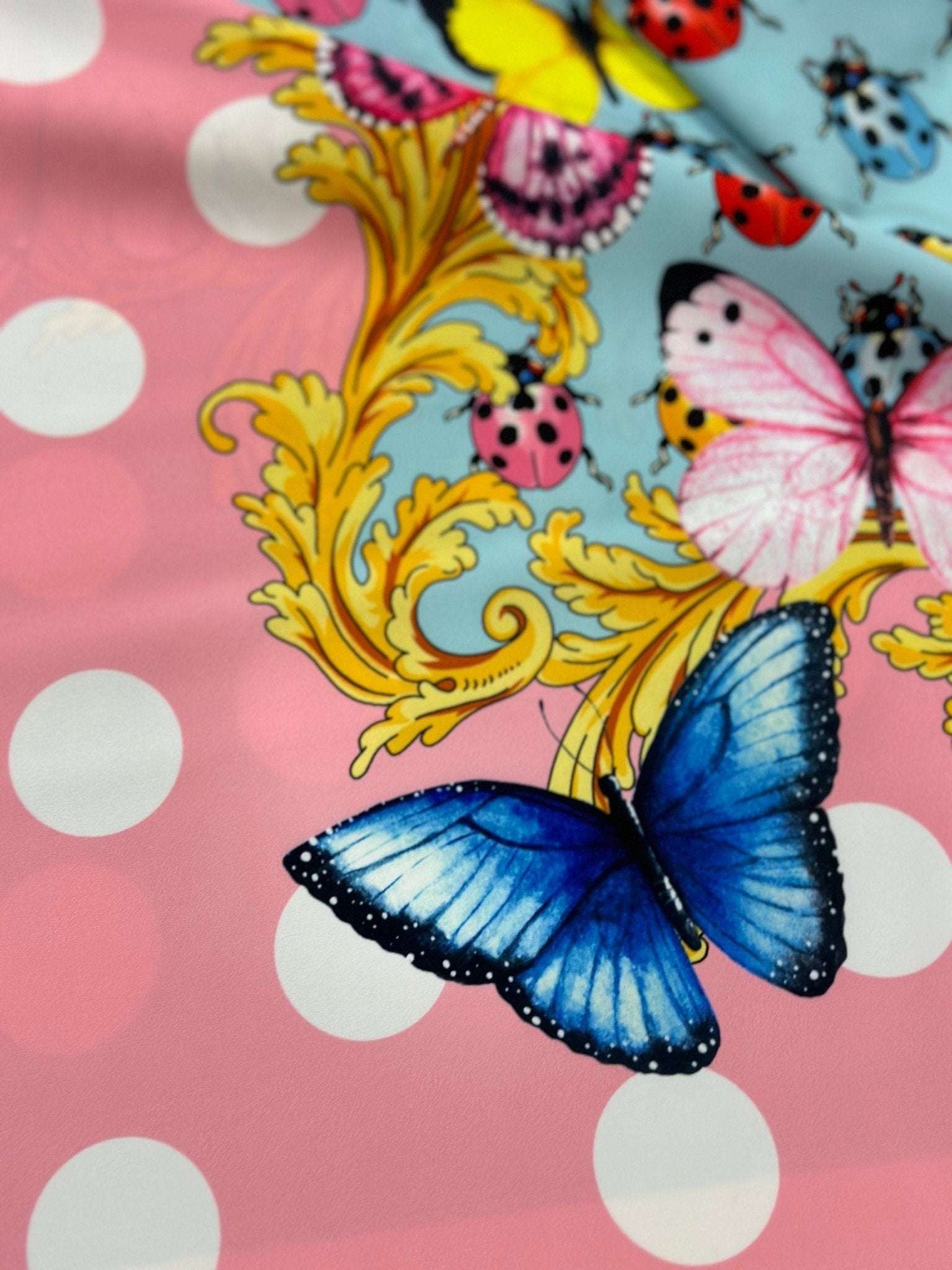 Colorful Butterfly and Ladybug Pattern Fabric – Custom Printed Fabric on Satin, Crepe, Spandex or Chiffon