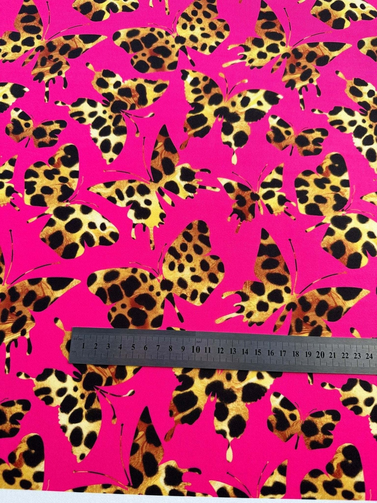 Hot Pink Butterfly Pattern Fabric – Fabric by Metre, Options: Satin, Crepe, Spandex, Chiffon