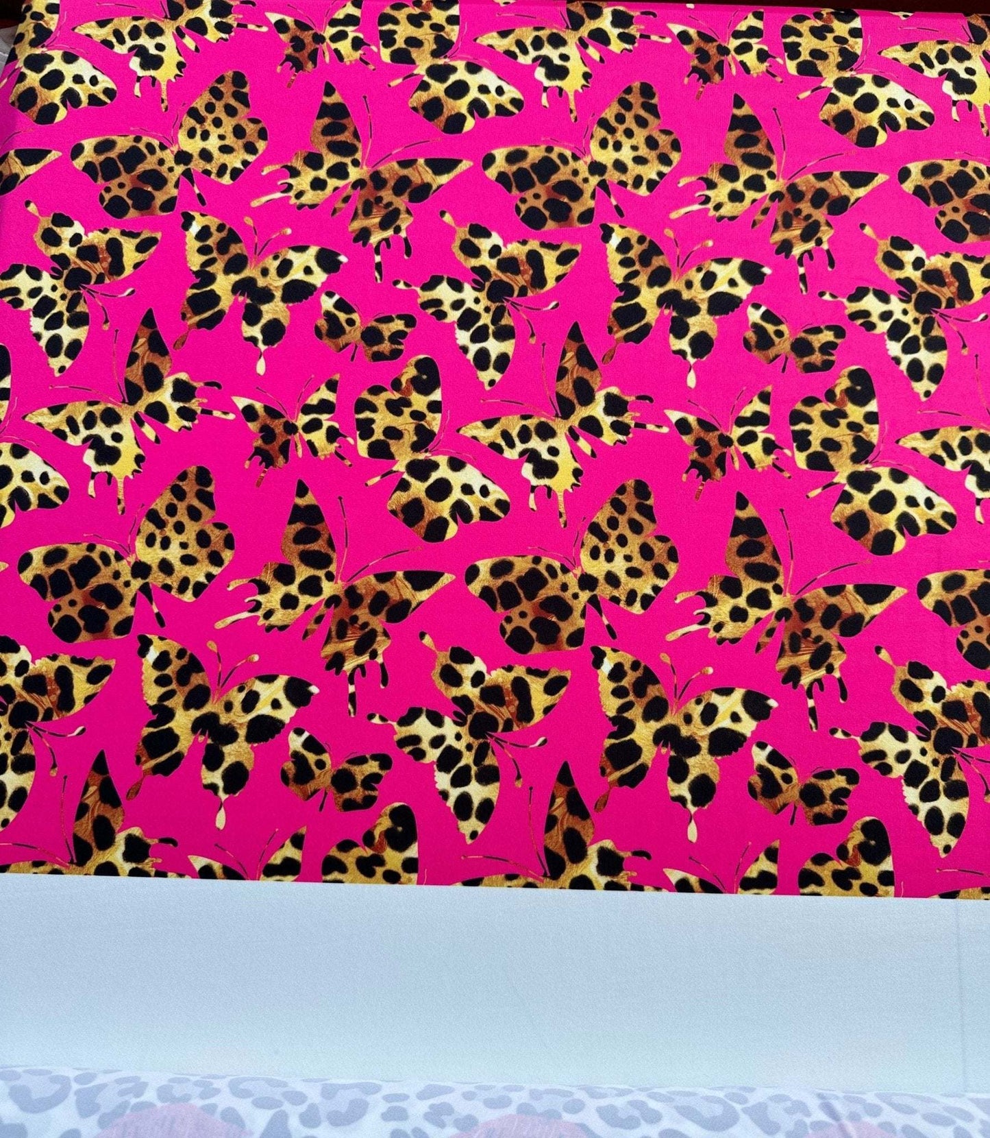 Hot Pink Butterfly Pattern Fabric – Fabric by Metre, Options: Satin, Crepe, Spandex, Chiffon