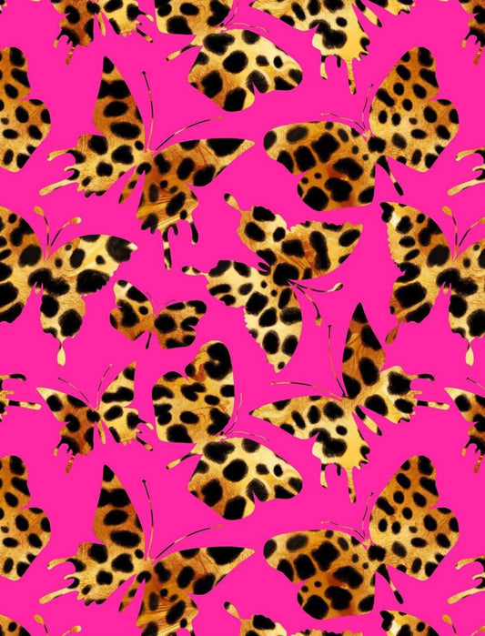 Hot Pink Butterfly Pattern Fabric – Fabric by Metre, Options: Satin, Crepe, Spandex, Chiffon