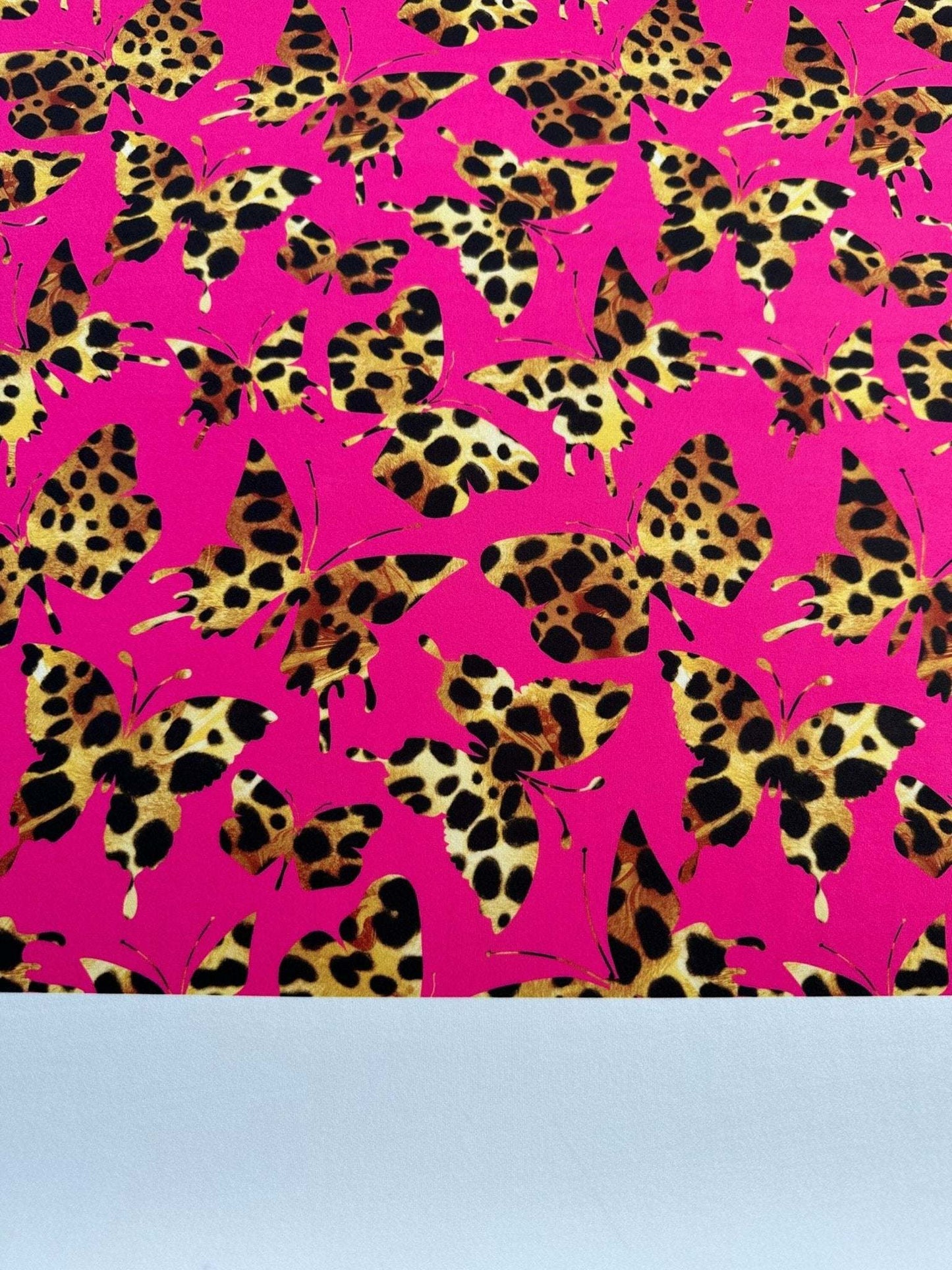 Hot Pink Butterfly Pattern Fabric – Fabric by Metre, Options: Satin, Crepe, Spandex, Chiffon
