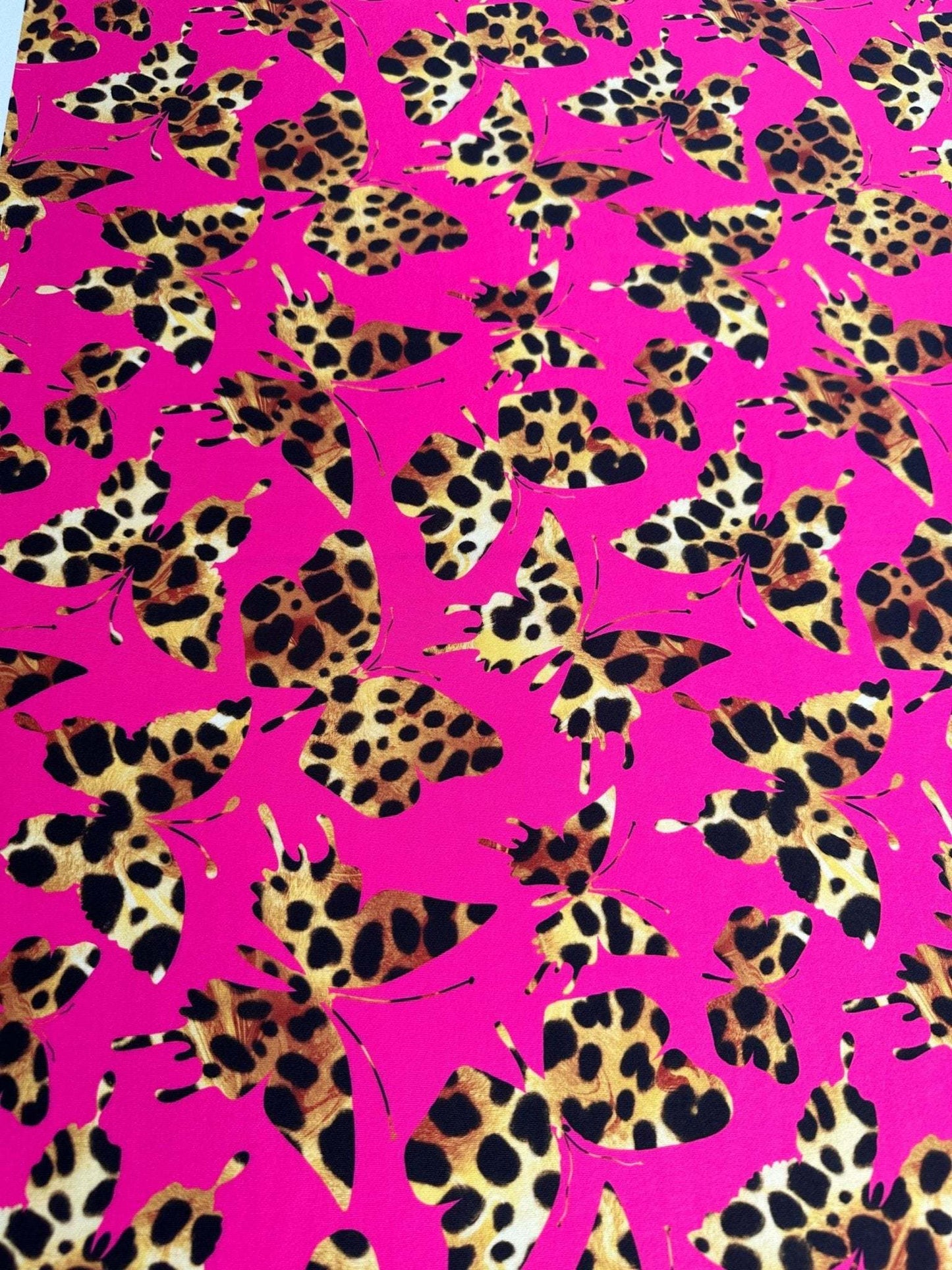 Hot Pink Butterfly Pattern Fabric – Fabric by Metre, Options: Satin, Crepe, Spandex, Chiffon