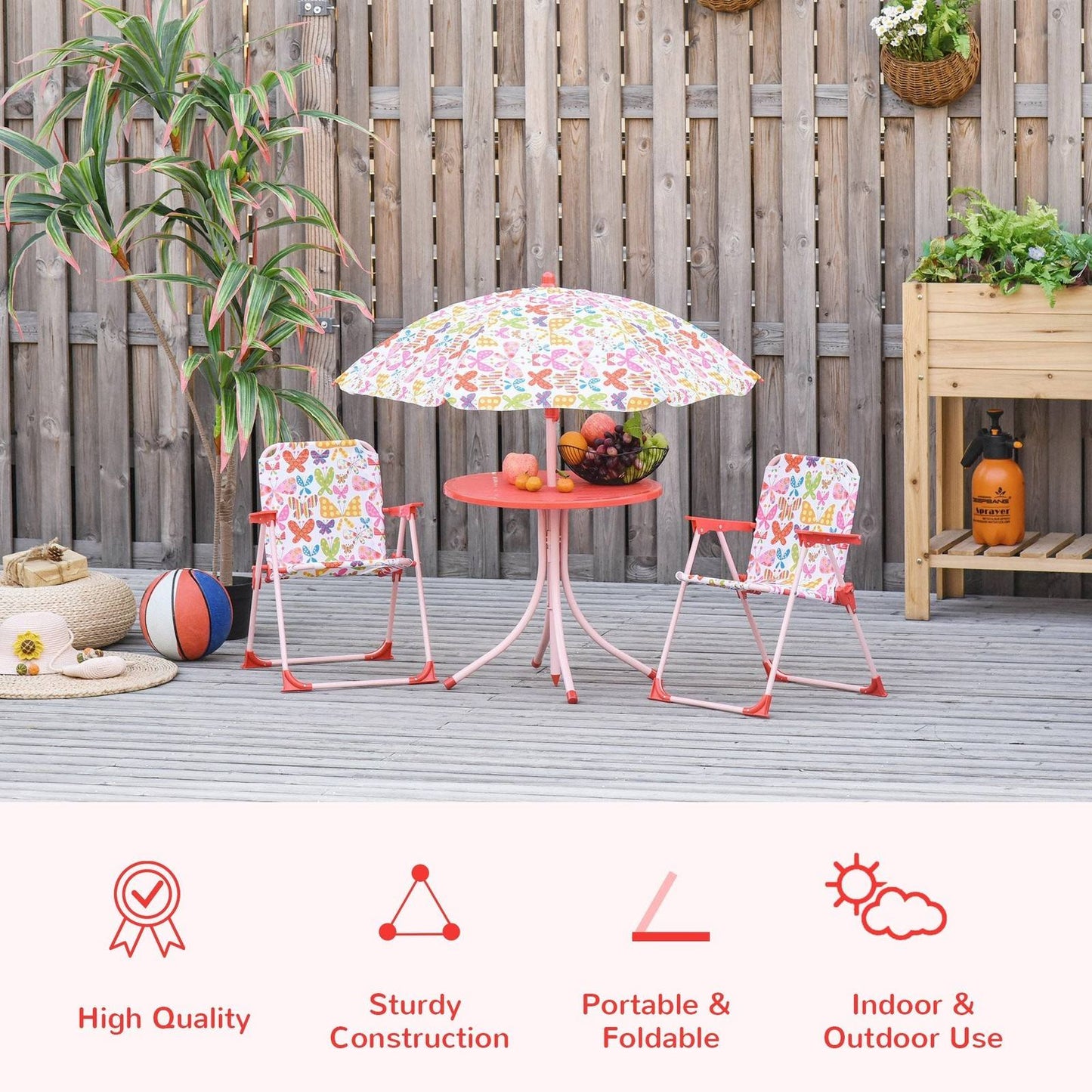 Kids Folding Picnic Table and Chairs Set Color Stripes Outdoor w/ Parasol
